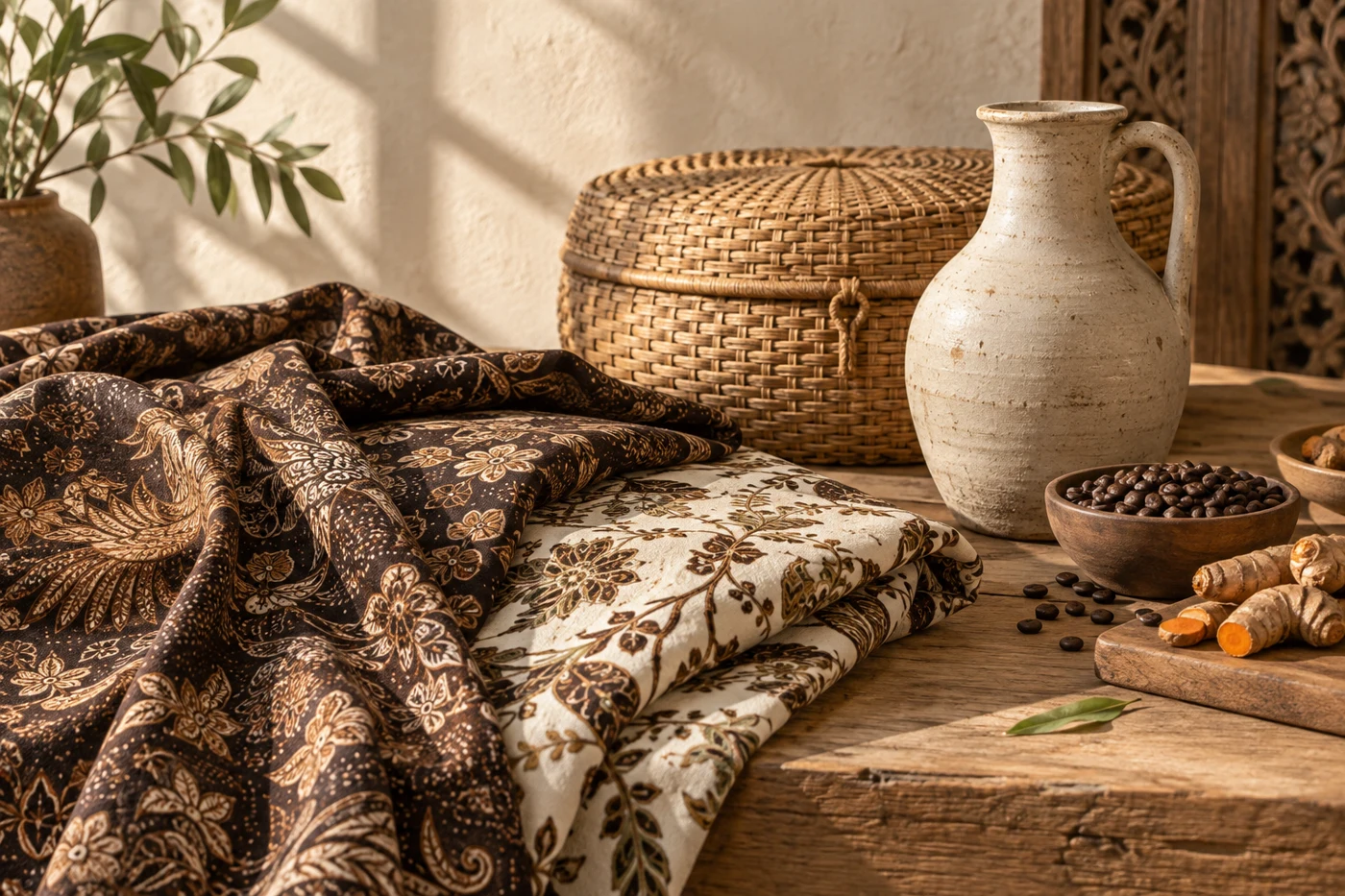 Kain batik, anyaman rotan, dan keramik dalam suasana hangat bernuansa Jawa